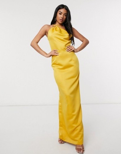 Yaura satin coloumn maxi dress with strappy back in marigold – yellow occasion dresses - flipped