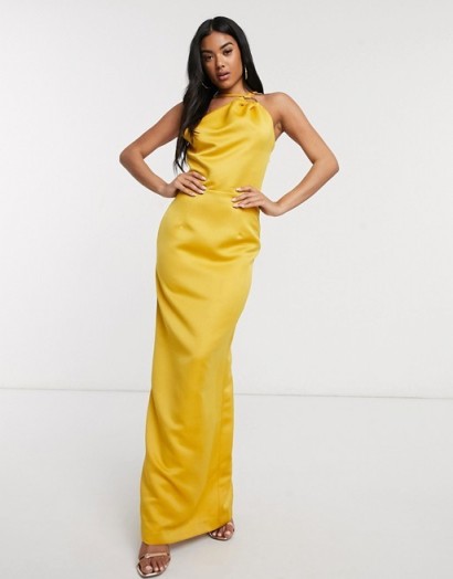 Yaura satin coloumn maxi dress with strappy back in marigold – yellow occasion dresses
