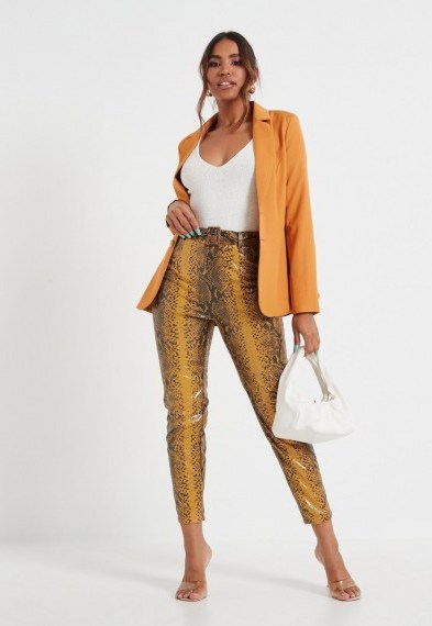 MISSGUIDED yellow snake faux leather straight leg trousers – reptile print pants - flipped