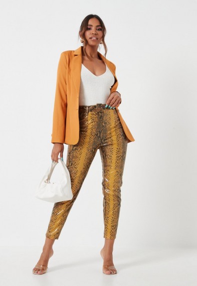 MISSGUIDED yellow snake faux leather straight leg trousers – reptile print pants