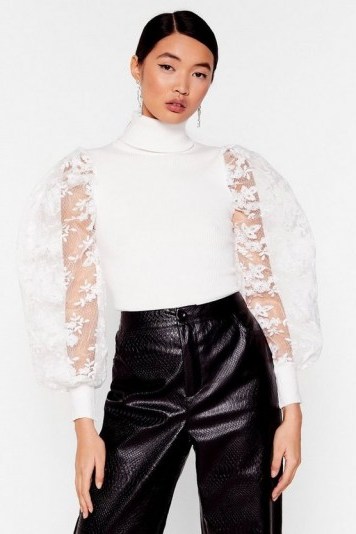 NASTY GAL You Pick the Lace Puff Sleeve Turtleneck Sweater in White – sheer sleeved high-neck sweaters - flipped