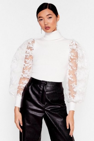 NASTY GAL You Pick the Lace Puff Sleeve Turtleneck Sweater in White – sheer sleeved high-neck sweaters