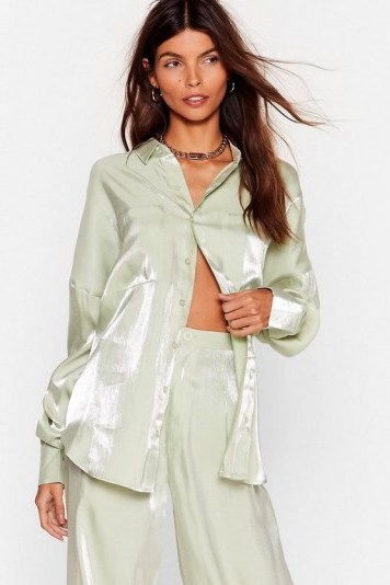NASTY GAL x Josefine H.J Your Shine is Now Satin Button-Down Shirt in Mint - flipped