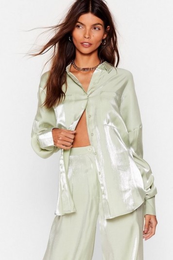 NASTY GAL x Josefine H.J Your Shine is Now Satin Button-Down Shirt in Mint
