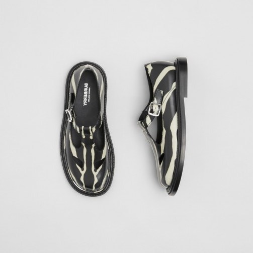 Burberry Zebra Print Leather T-bar Shoes Black/White - flipped