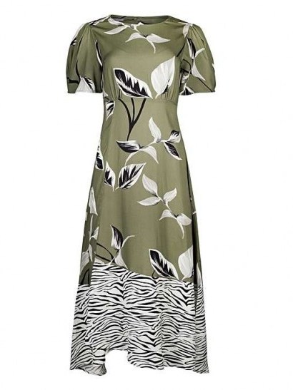 OLIVER BONAS Zebra Print Patched Green Midi Dress / open back dresses - flipped