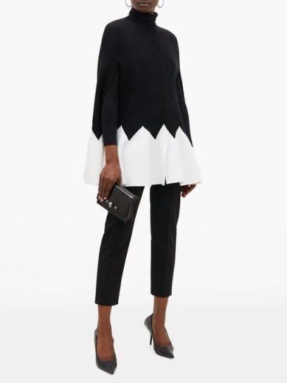 ALEXANDER MCQUEEN Zigzag black and white colour-block wool-blend cape ~ chic outerwear