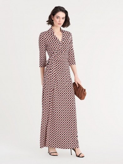 Diane von Furstenberg Abigail Silk-Jersey Maxi Wrap Dress in 3d Chain Paprika / elegant occasion wear - flipped