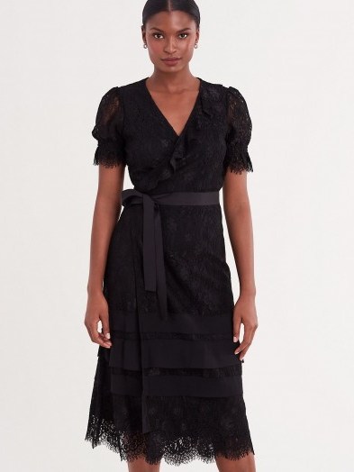 Diane von Furstenberg Alena Floral Lace Midi Wrap Dress in Black / DVF lbd - flipped
