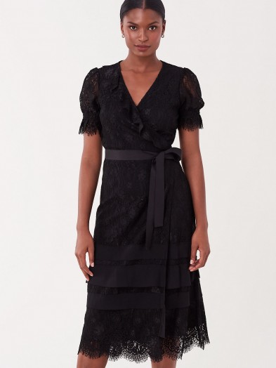 Diane von Furstenberg Alena Floral Lace Midi Wrap Dress in Black / DVF lbd