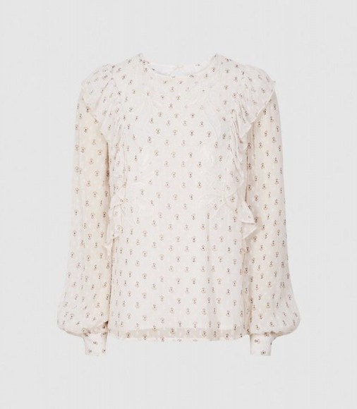 REISS ALICE FLORAL-PRINT RUFFLE BLOUSE CREAM - flipped