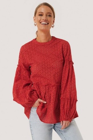 NA-KD Red Anglaise Balloon Sleeve Frill Blouse - flipped