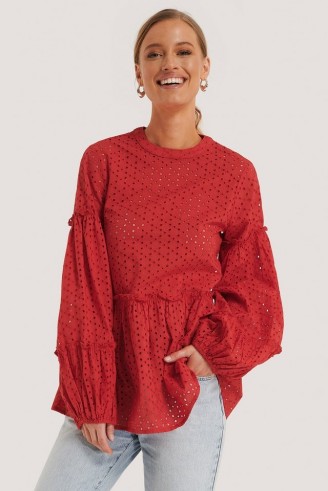 NA-KD Red Anglaise Balloon Sleeve Frill Blouse