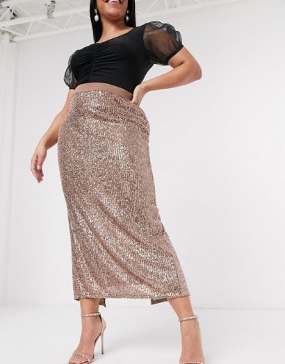 ASOS DESIGN Curve sequin pencil midi skirt in bronze – shimmering plus size skirts - flipped