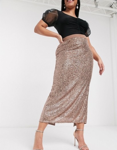 ASOS DESIGN Curve sequin pencil midi skirt in bronze – shimmering plus size skirts