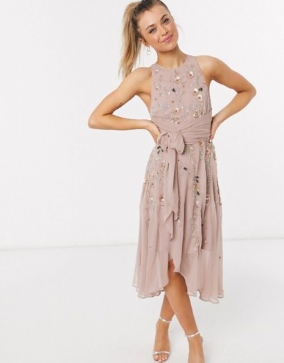 ASOS DESIGN 3D delicate floral embellished midi dress with wrap waist and soft layered skirt in blush pink - flipped