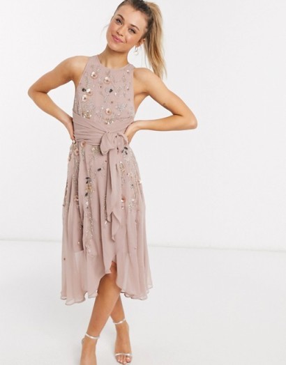 ASOS DESIGN 3D delicate floral embellished midi dress with wrap waist and soft layered skirt in blush pink