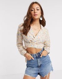 ASOS DESIGN long sleeve wrap top in ditsy floral print