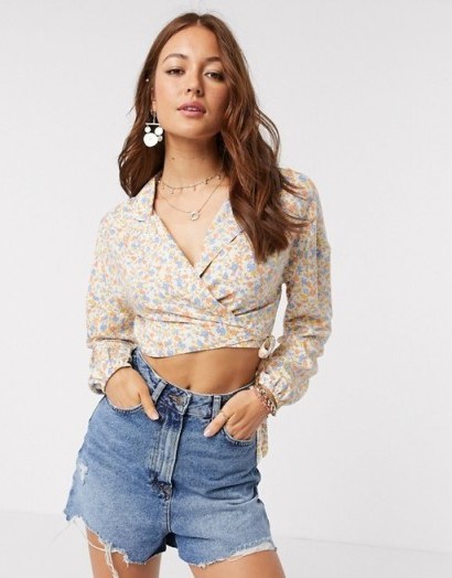 ASOS DESIGN long sleeve wrap top in ditsy floral print - flipped