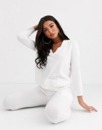 ASOS DESIGN lounge premium knitted lash plunge sweater & jogger with pockets in white