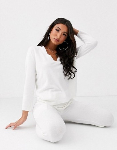 ASOS DESIGN lounge premium knitted lash plunge sweater & jogger with pockets in white - flipped
