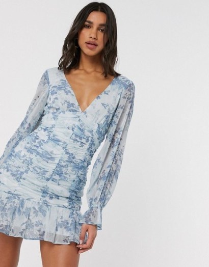 ASOS DESIGN ruched bodice mini dress in blue floral print - flipped