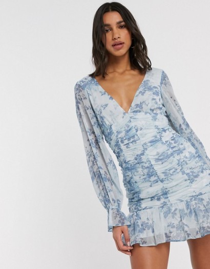 ASOS DESIGN ruched bodice mini dress in blue floral print