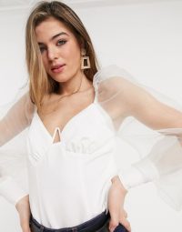 Sheer sleeved blouse – ASOS DESIGN Tall crop top with organza sleeve and v bar detail in ivory
