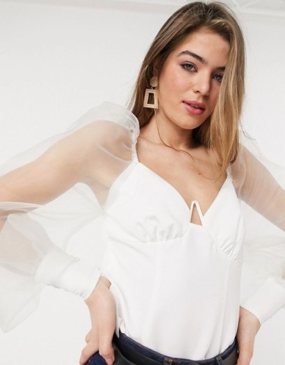 Sheer sleeved blouse – ASOS DESIGN Tall crop top with organza sleeve and v bar detail in ivory - flipped