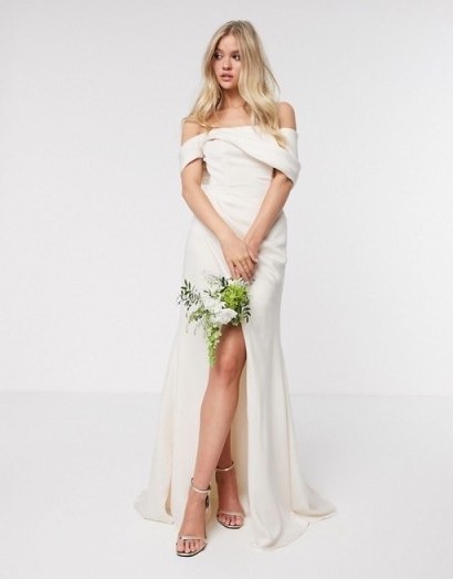 ASOS EDITION bardot drape wrap wedding dress in soft apricot / draped off the shoulder bridal gown - flipped