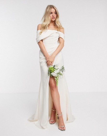 ASOS EDITION bardot drape wrap wedding dress in soft apricot / draped off the shoulder bridal gown