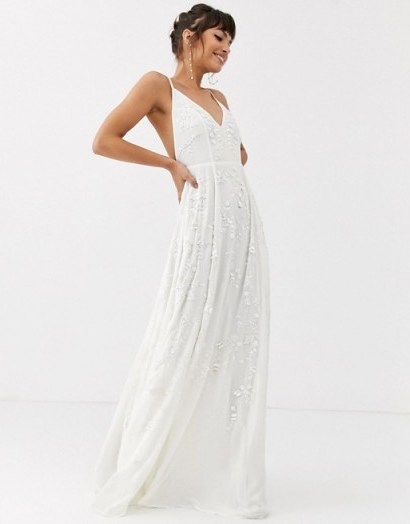 ASOS EDITION cami wedding dress with sequin and bead embellishment in ivory – strappy bridal dresses - flipped