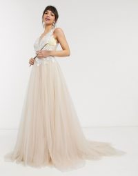 ASOS EDITION mesh wedding dress with embroidered bodice in Cappuccino