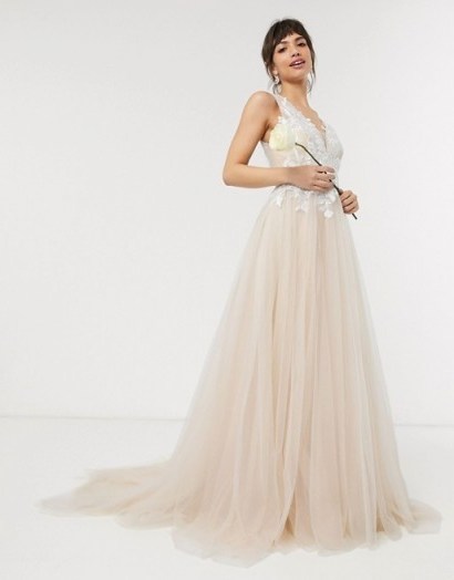 ASOS EDITION mesh wedding dress with embroidered bodice in Cappuccino - flipped