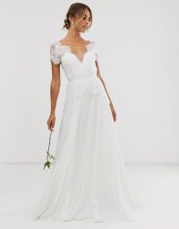 ASOS EDITION plunge lace wedding dress with pleated skirt in ivory / long fit and flare bridal gown