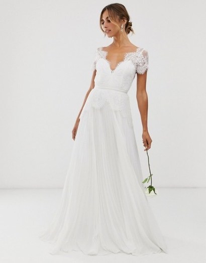 ASOS EDITION plunge lace wedding dress with pleated skirt in ivory / long fit and flare bridal gown - flipped