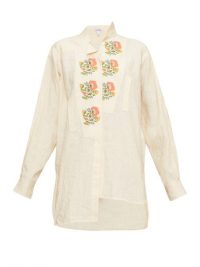 LOEWE Asymmetric floral cross-stitch linen shirt in cream
