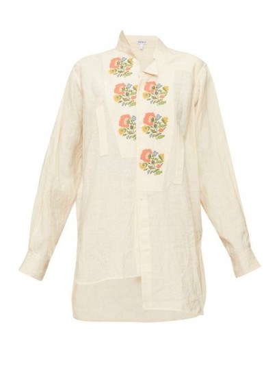 LOEWE Asymmetric floral cross-stitch linen shirt in cream - flipped