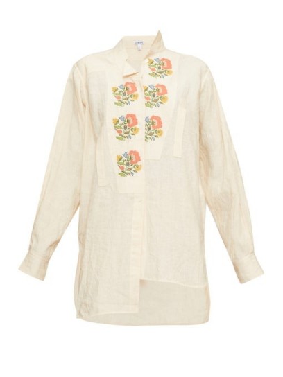 LOEWE Asymmetric floral cross-stitch linen shirt in cream