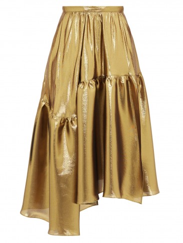 ROCHAS Asymmetric tiered lamé midi skirt in gold