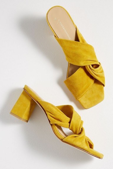 ANTHROPOLOGIE Twisted-Strap Suede Heels in Dark Yellow - flipped