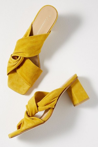 ANTHROPOLOGIE Twisted-Strap Suede Heels in Dark Yellow