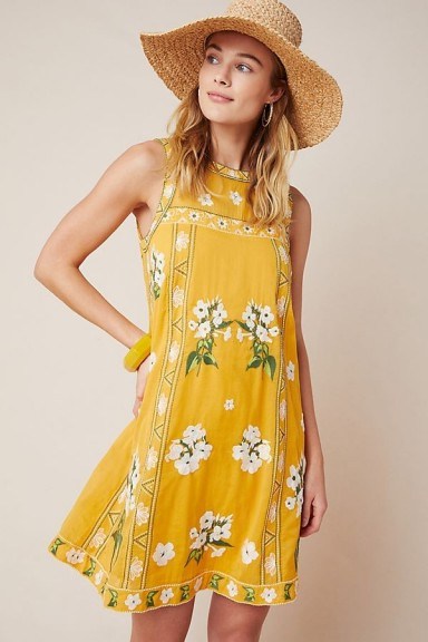Yellow floral dress – Maeve Joey Embroidered Swing Dress - flipped