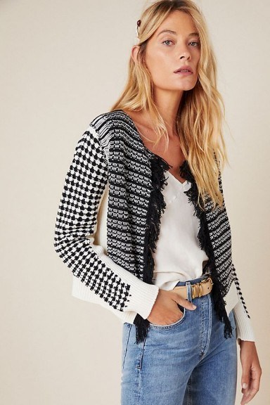Aldomartins Izabella Fringed Knitted Jacket in Blac and White | mono jackets - flipped