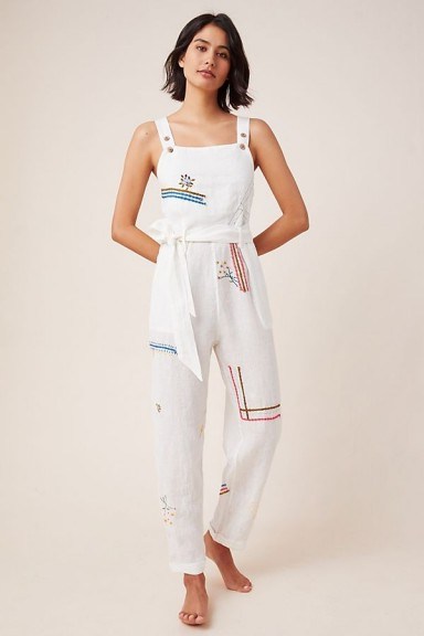 Anthropologie Christie Embroidered Linen Jumpsuit | warm weather jumpsuits - flipped
