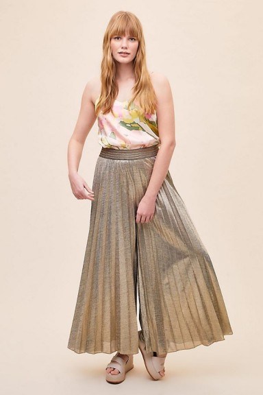 ANTHROPOLOGIE Metallic Pleated Wide-Leg Trousers Gold - flipped