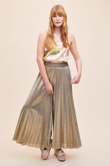 ANTHROPOLOGIE Metallic Pleated Wide-Leg Trousers Gold
