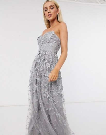 Strapless dress – Bariano 3d floral gown dress in grey – occasion gowns - flipped