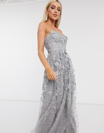 Strapless dress – Bariano 3d floral gown dress in grey – occasion gowns