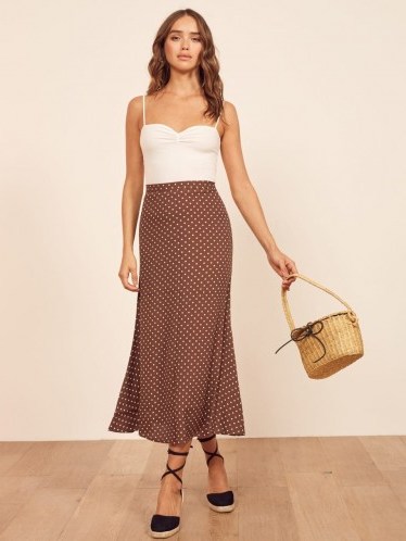 REFORMATION Bea Skirt in Cappuccino – chocolate polka dot skirts - flipped
